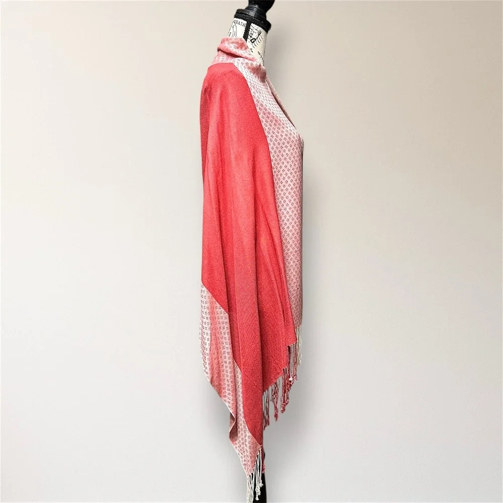 Pashmina‎ 100% Pashmina Jacquard Fringe Shawl Wrap Pink Coral Reversible Travel